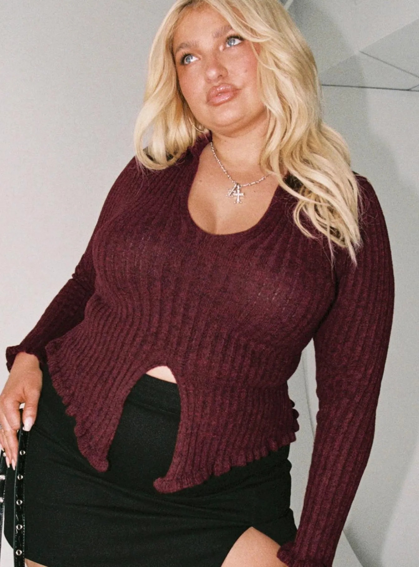 Princess Polly Lahey Long Sleeve Polo Knit Maroon Curve Burgundy Online