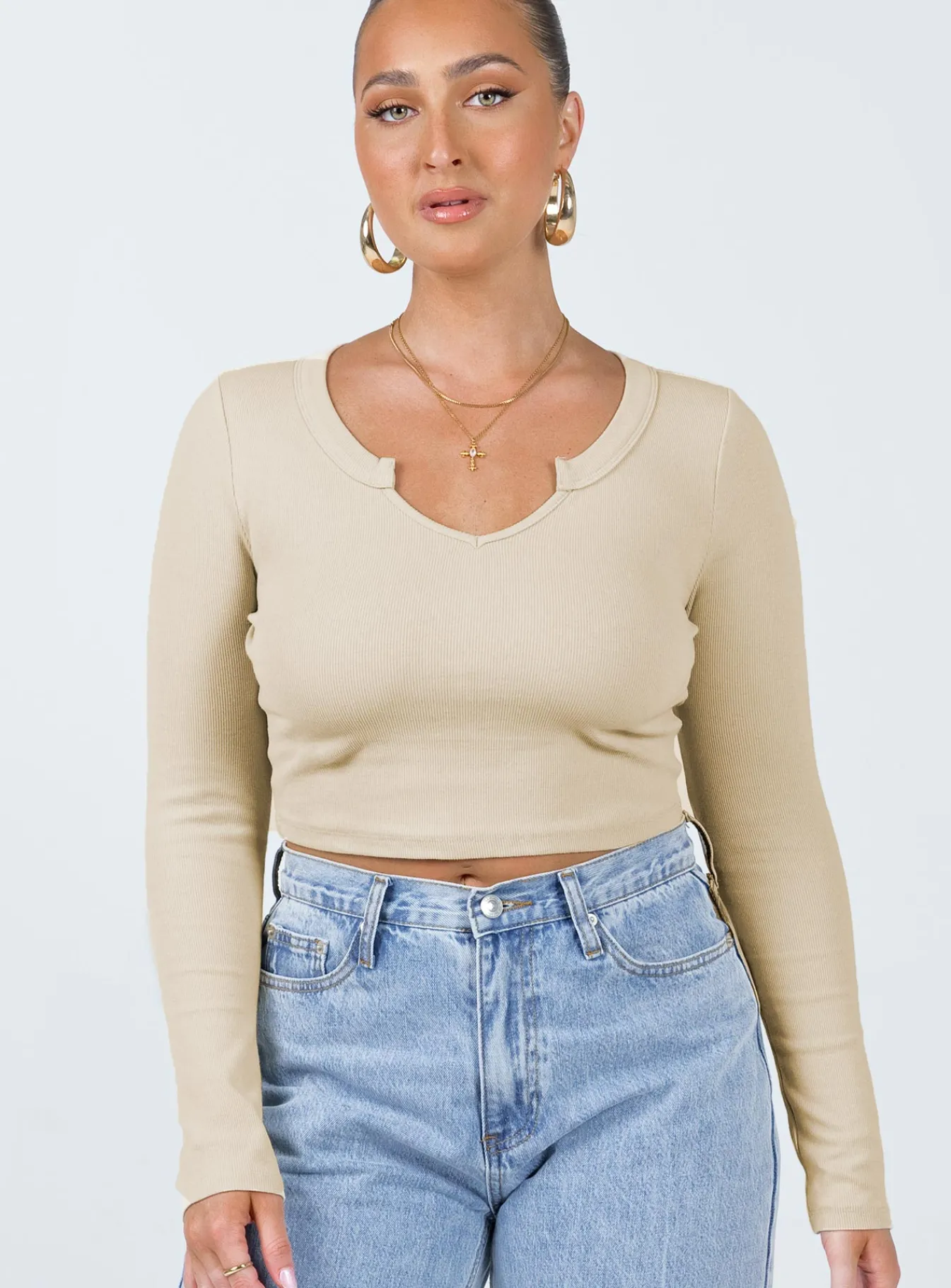 Princess Polly Laurina Long Sleeve Top Beige New