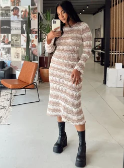 Princess Polly Leah Knit Midi Dress  Beige Outlet