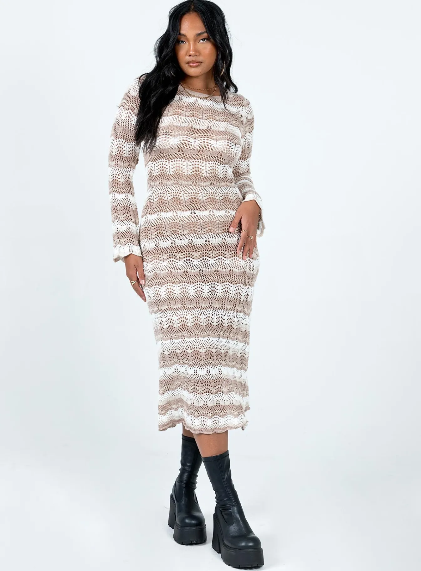 Princess Polly Leah Knit Midi Dress Beige Outlet