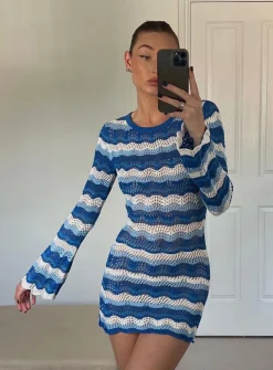 Princess Polly Leah Knit Mini Dress/ White   Blue Best