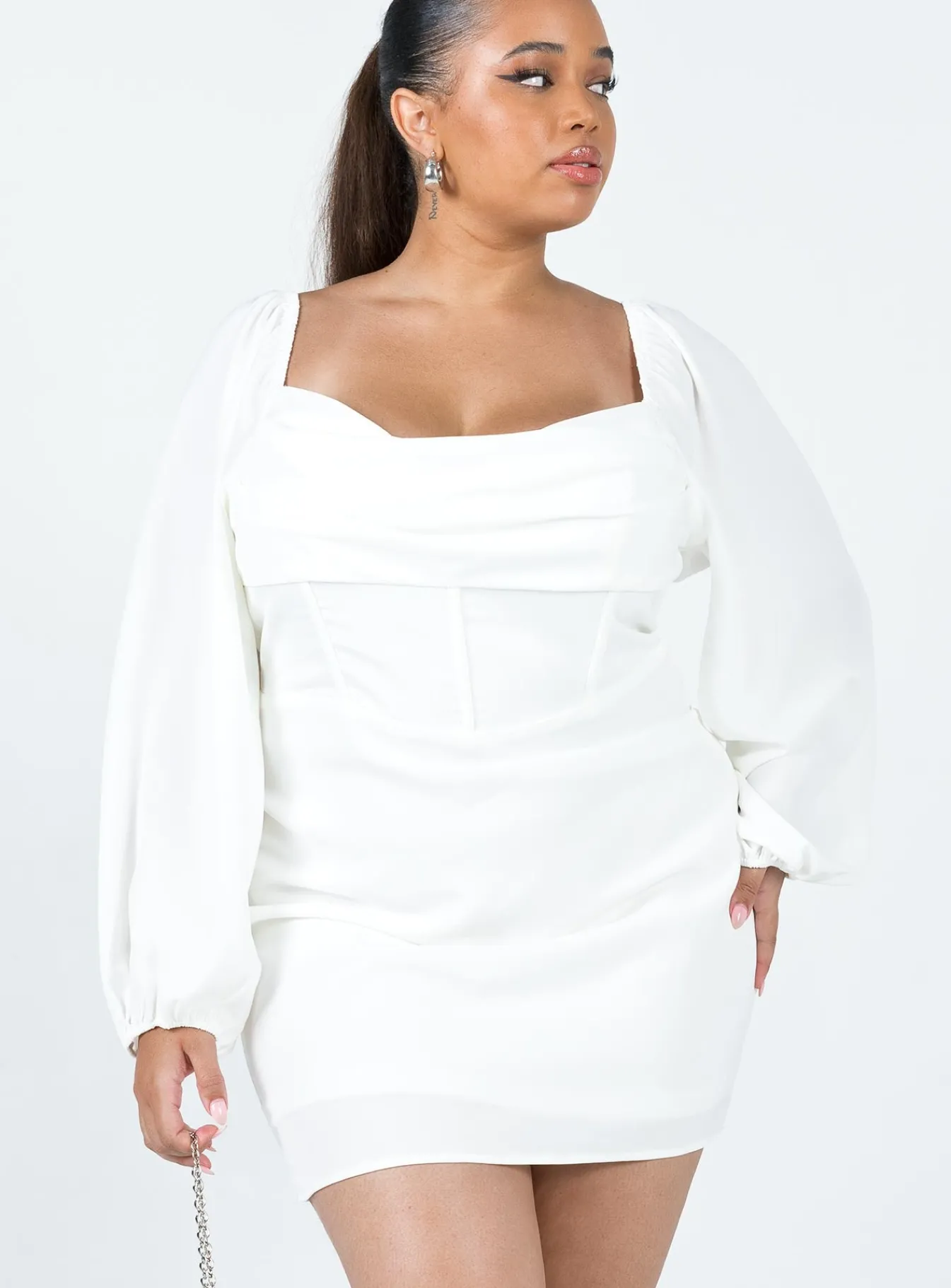 Princess Polly Lillie Long Sleeve Mini Dresscurve White Sale