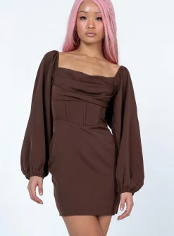 Princess Polly Lillie Long Sleeve Mini Dress  Brown Cheap