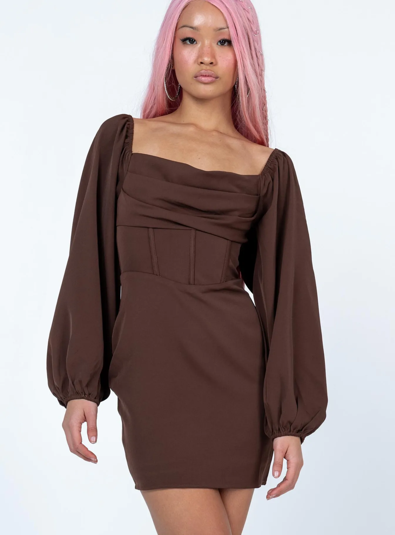 Princess Polly Lillie Long Sleeve Mini Dress Brown Cheap