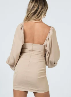 Princess Polly Lillie Long Sleeve Mini Dress Beige Flash Sale