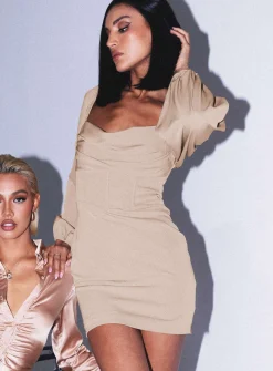 Princess Polly Lillie Long Sleeve Mini Dress Beige Flash Sale