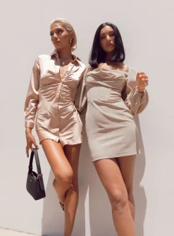 Princess Polly Lillie Long Sleeve Mini Dress Beige Flash Sale