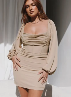 Princess Polly Lillie Long Sleeve Mini Dress Beige Flash Sale