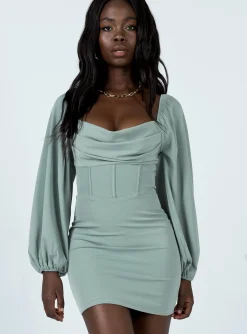 Princess Polly Lillie Long Sleeve Mini Dress  Sage Cheap