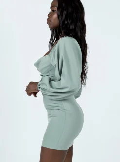 Princess Polly Lillie Long Sleeve Mini Dress  Sage Cheap