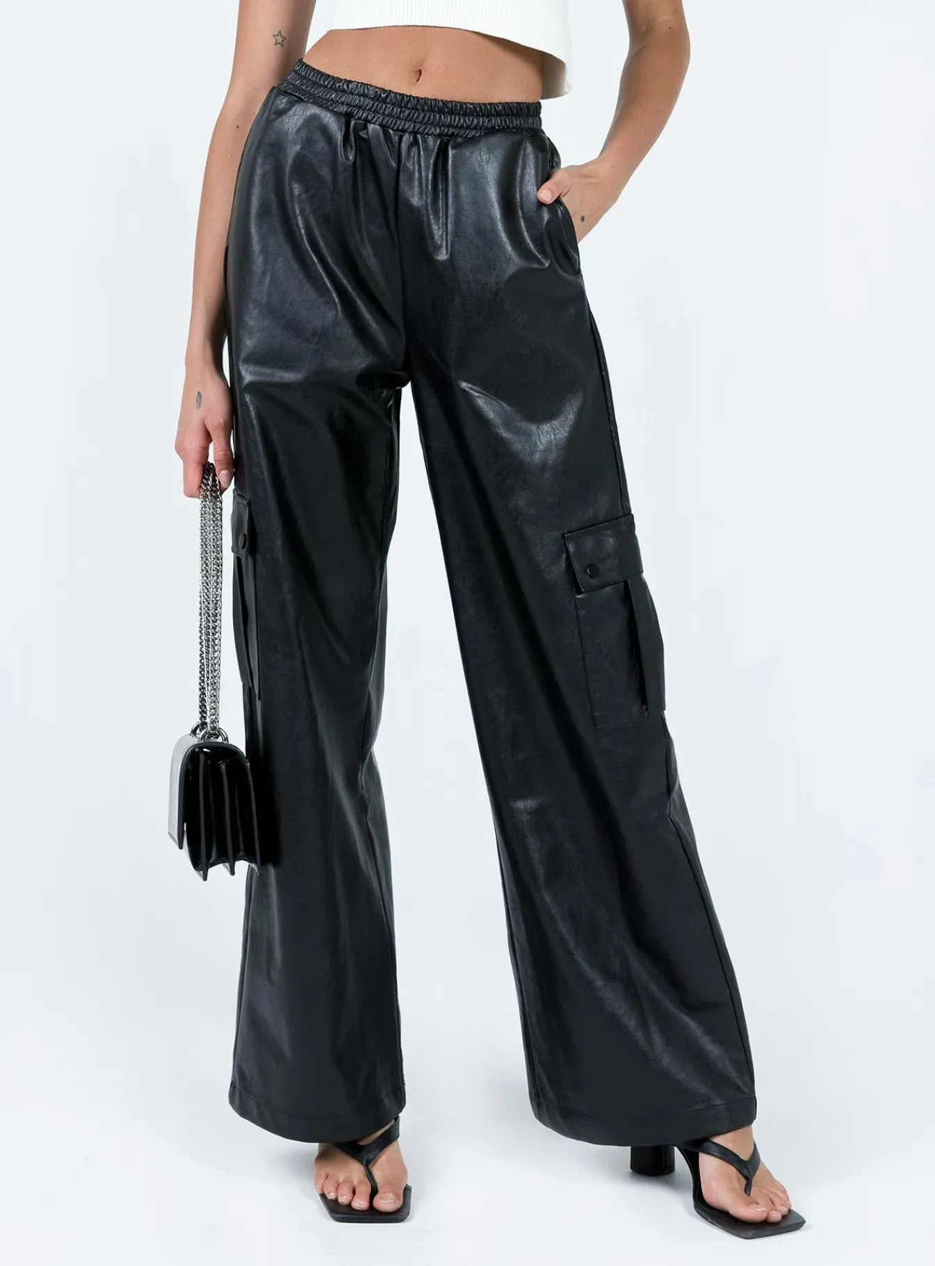 Princess Polly Lista Faux Leather Elastic Pocket Pants  Black Shop
