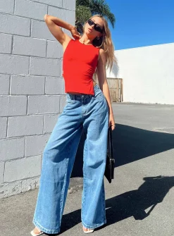 Princess Polly Locke Wide Leg Jeans Mid Wash Denim Best