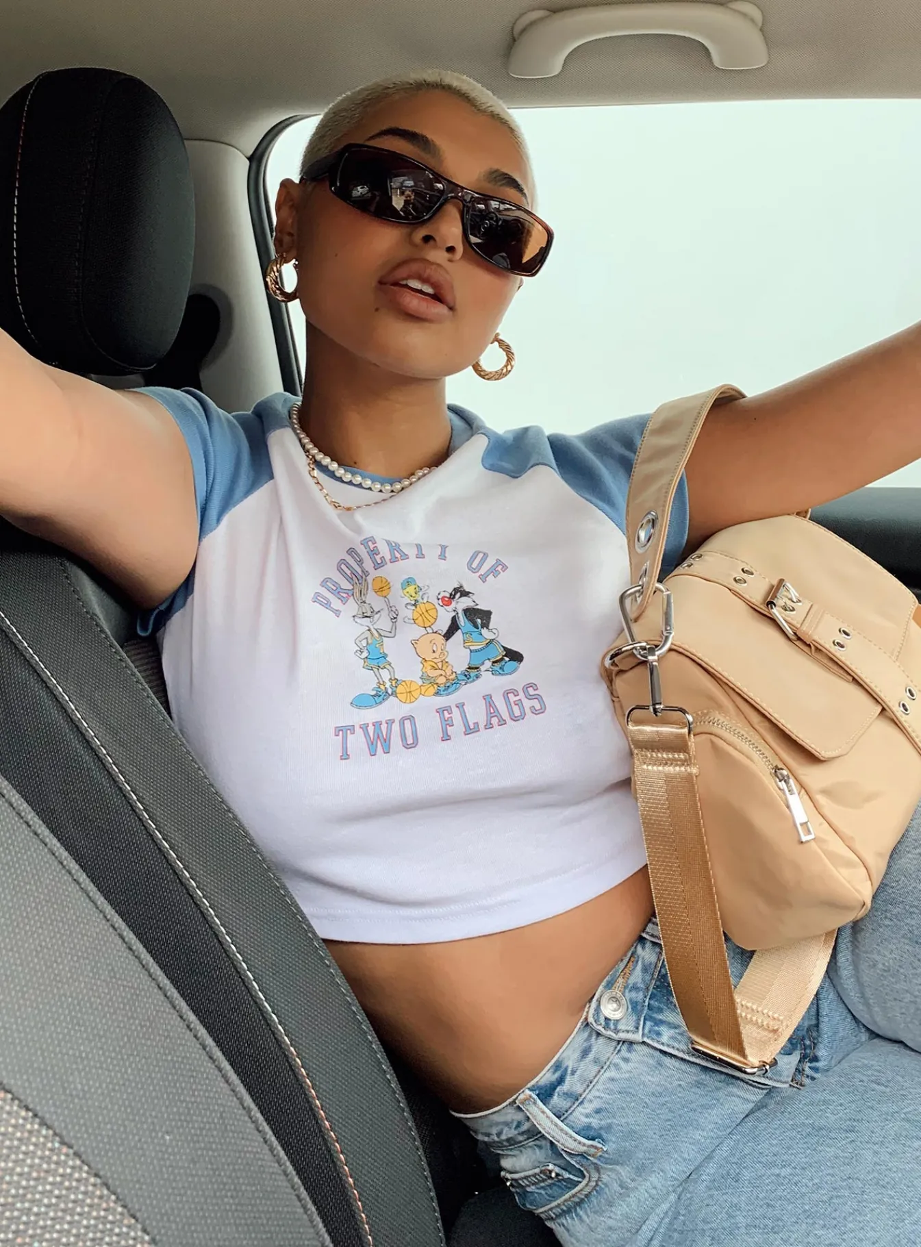 Princess Polly Looney Tunes Two Flags Cropped Tee/ Blue White Cheap