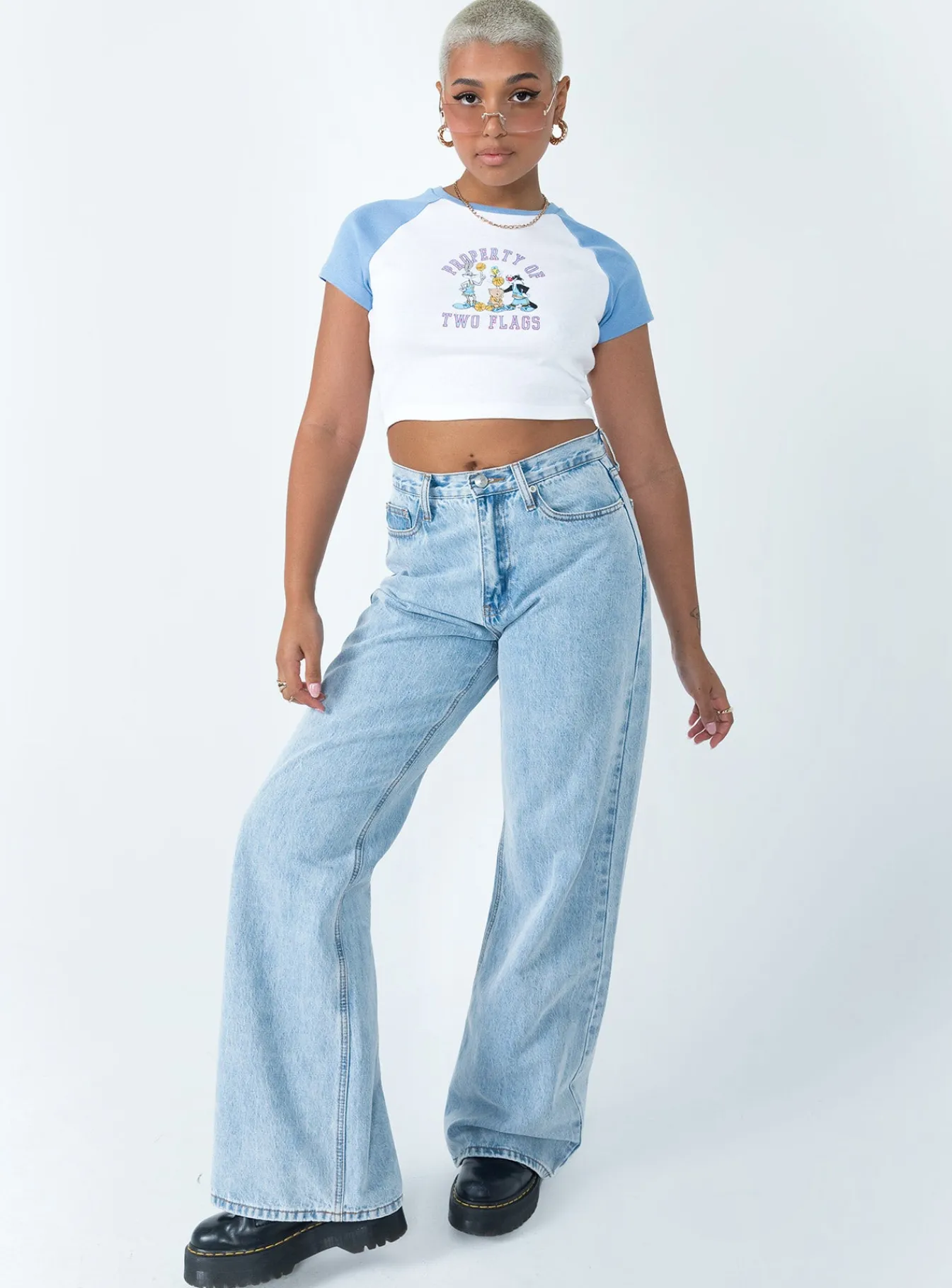 Princess Polly Looney Tunes Two Flags Cropped Tee/ Blue White Cheap