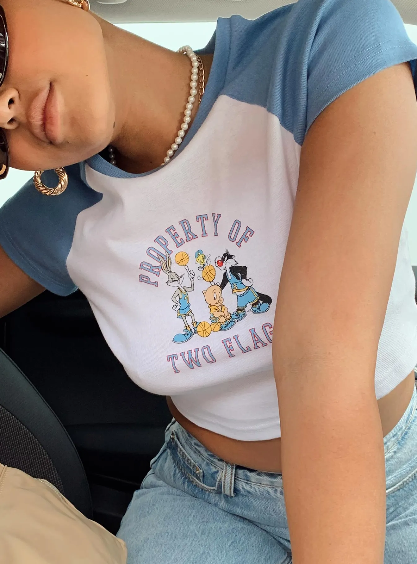 Princess Polly Looney Tunes Two Flags Cropped Tee/ Blue White Cheap