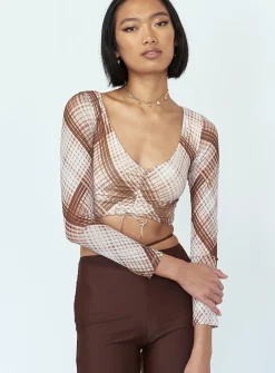 Princess Polly Lucille Long Sleeve Top  Brown Check Discount