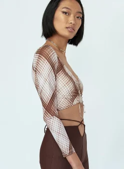 Princess Polly Lucille Long Sleeve Top  Brown Check Discount