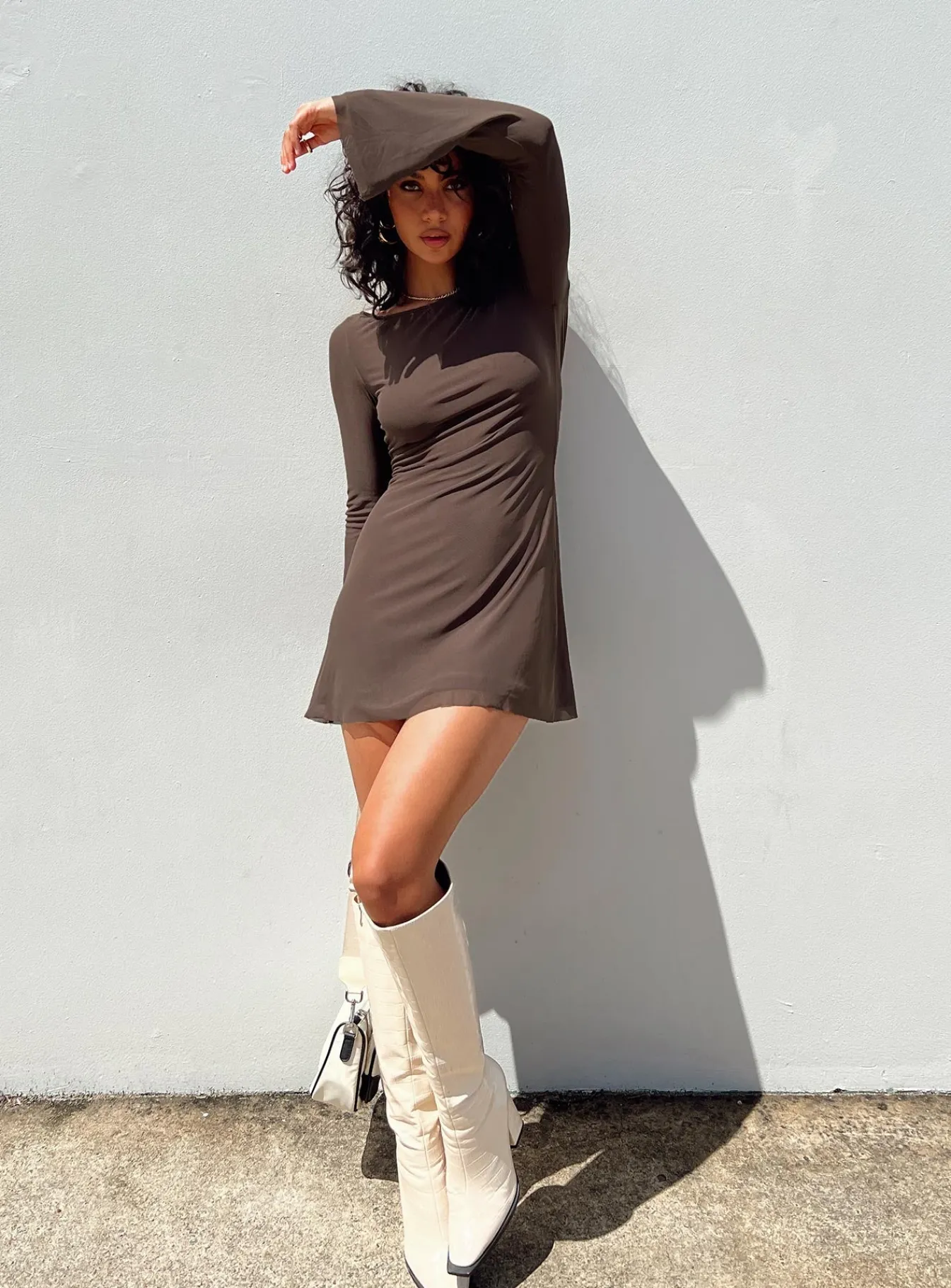Princess Polly Lukea Long Sleeve Mini Dress Brown Cheap