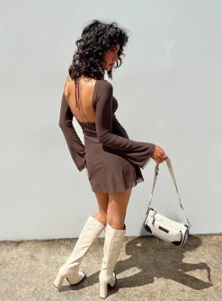 Princess Polly Lukea Long Sleeve Mini Dress Brown Cheap