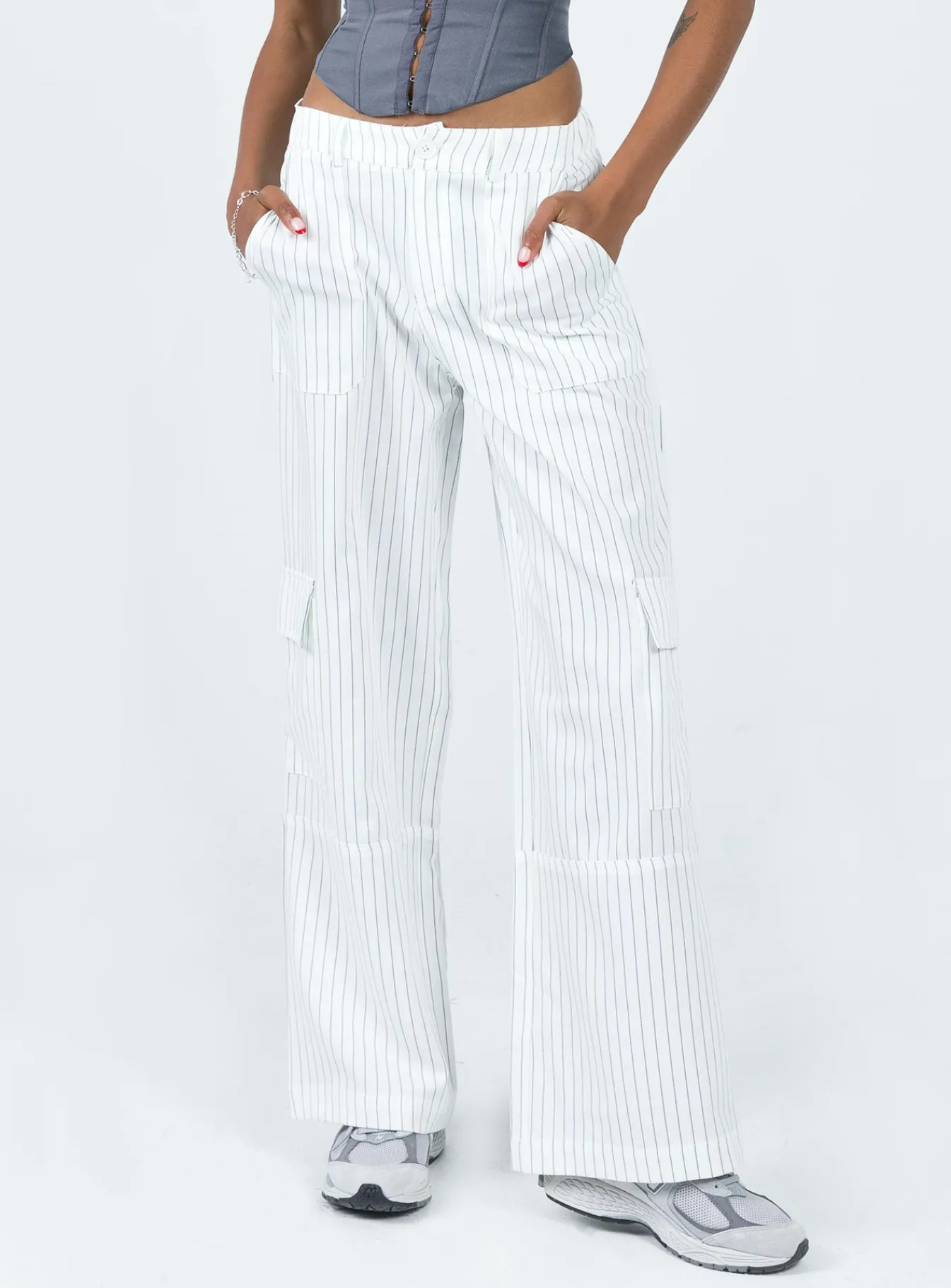 Princess Polly Luna Mid Rise Cargo Pantspinstripe White Clearance