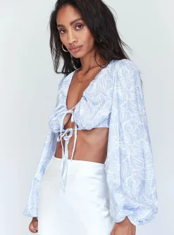 Princess Polly Lyric Long Sleeve Crop Top Blue Clearance