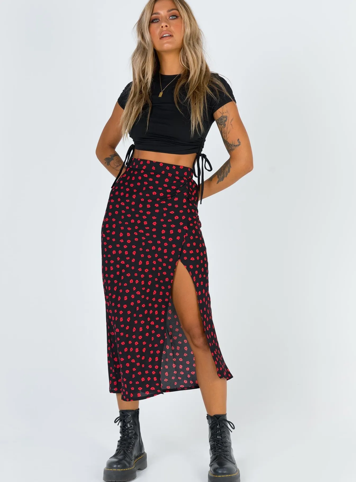 Princess Polly Mabel Midi Skirt Black/Red New