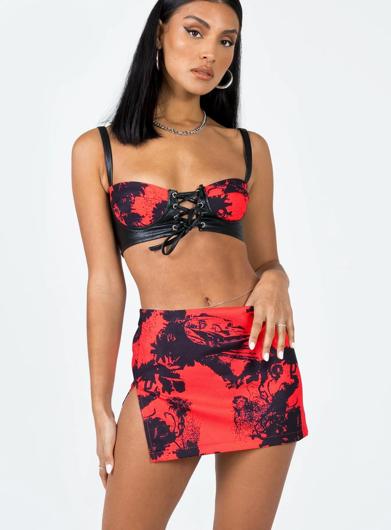 Princess Polly Main Stage Mini Skirt/ Black Red Flash Sale