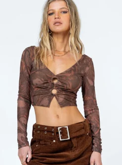 Princess Polly Marilla Long Sleeve Top  Brown Flash Sale