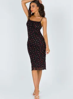 Princess Polly Marlee Midi Dress   Black / Red Floral Clearance
