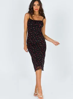 Princess Polly Marlee Midi Dress   Black / Red Floral Clearance