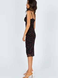 Princess Polly Marlee Midi Dress   Black / Red Floral Clearance