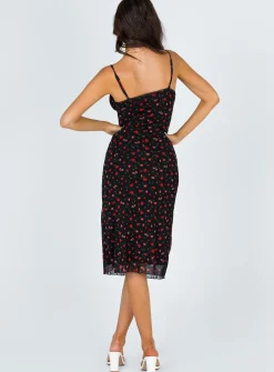 Princess Polly Marlee Midi Dress   Black / Red Floral Clearance