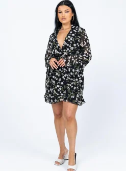 Princess Polly Marty Long Sleeve Mini Dressfloral   Black Clearance