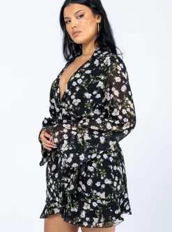 Princess Polly Marty Long Sleeve Mini Dressfloral   Black Clearance