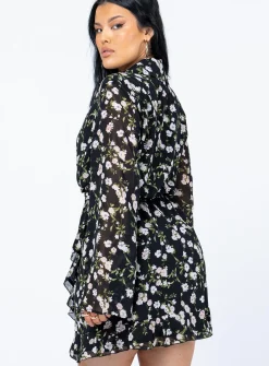 Princess Polly Marty Long Sleeve Mini Dressfloral   Black Clearance