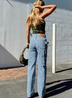Princess Polly Morala Wide Leg Cargo Jeans  Mid Wash Denim Discount