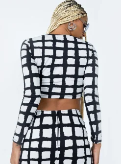 Princess Polly Motel Bonnie Top Mesh Mono Painted Check Black / White Discount