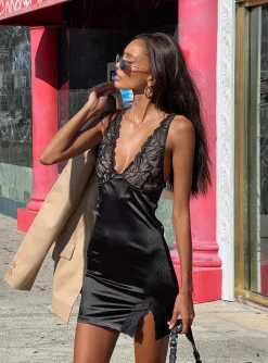 Princess Polly Motel Deralina Dress Satinwith Lace   Black Outlet