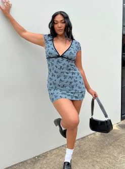 Princess Polly Motel Evilia Dress Lightblack Botanist Flocking Blue Flash Sale