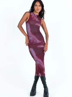 Princess Polly Motel Fayola Dress Mesh Watercolour Wine Red Discount