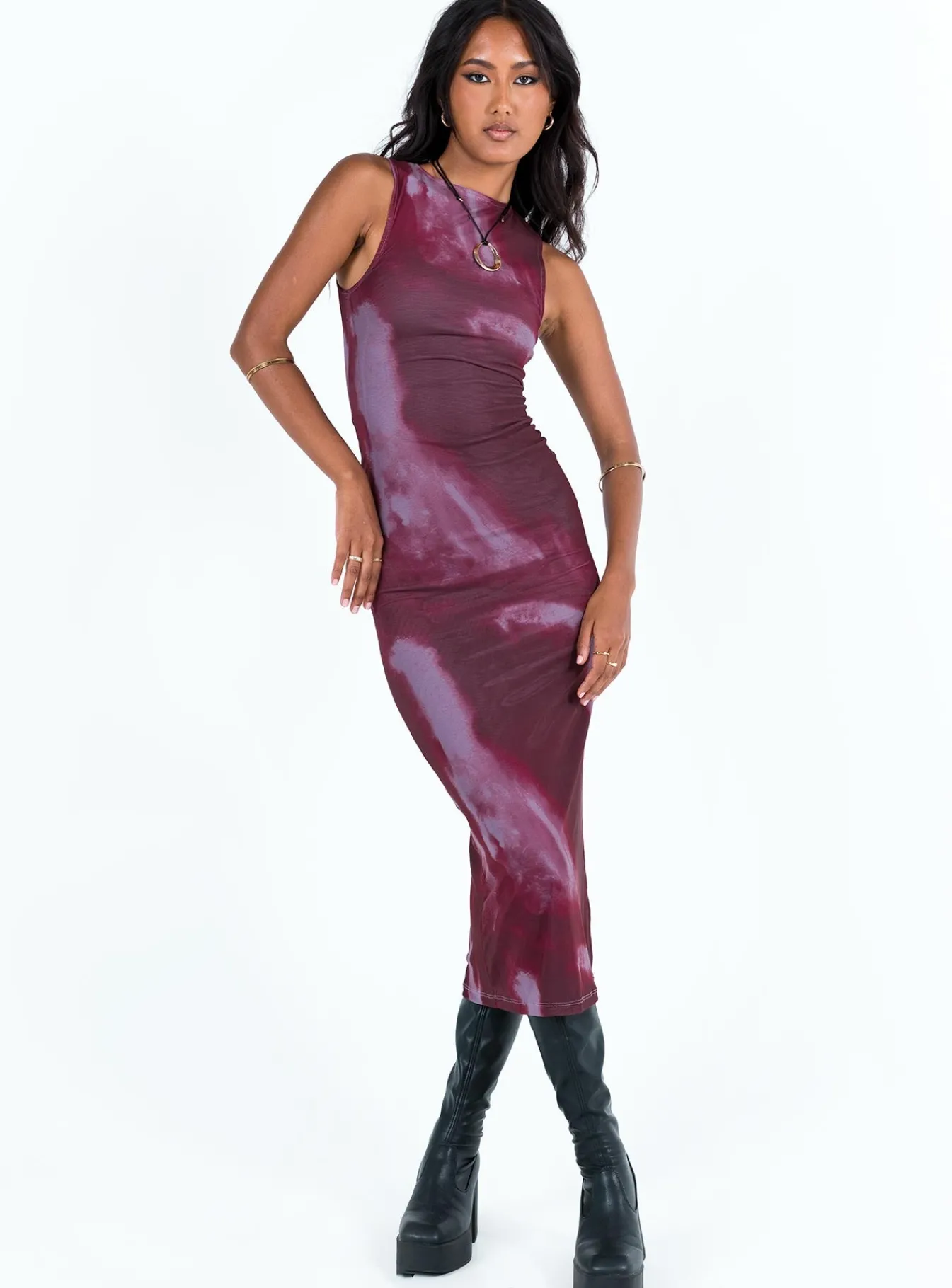 Princess Polly Motel Fayola Dress Mesh Watercolour Wine Red Discount