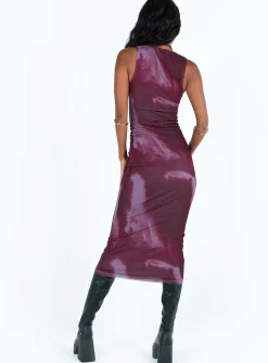 Princess Polly Motel Fayola Dress Mesh Watercolour Wine Red Discount