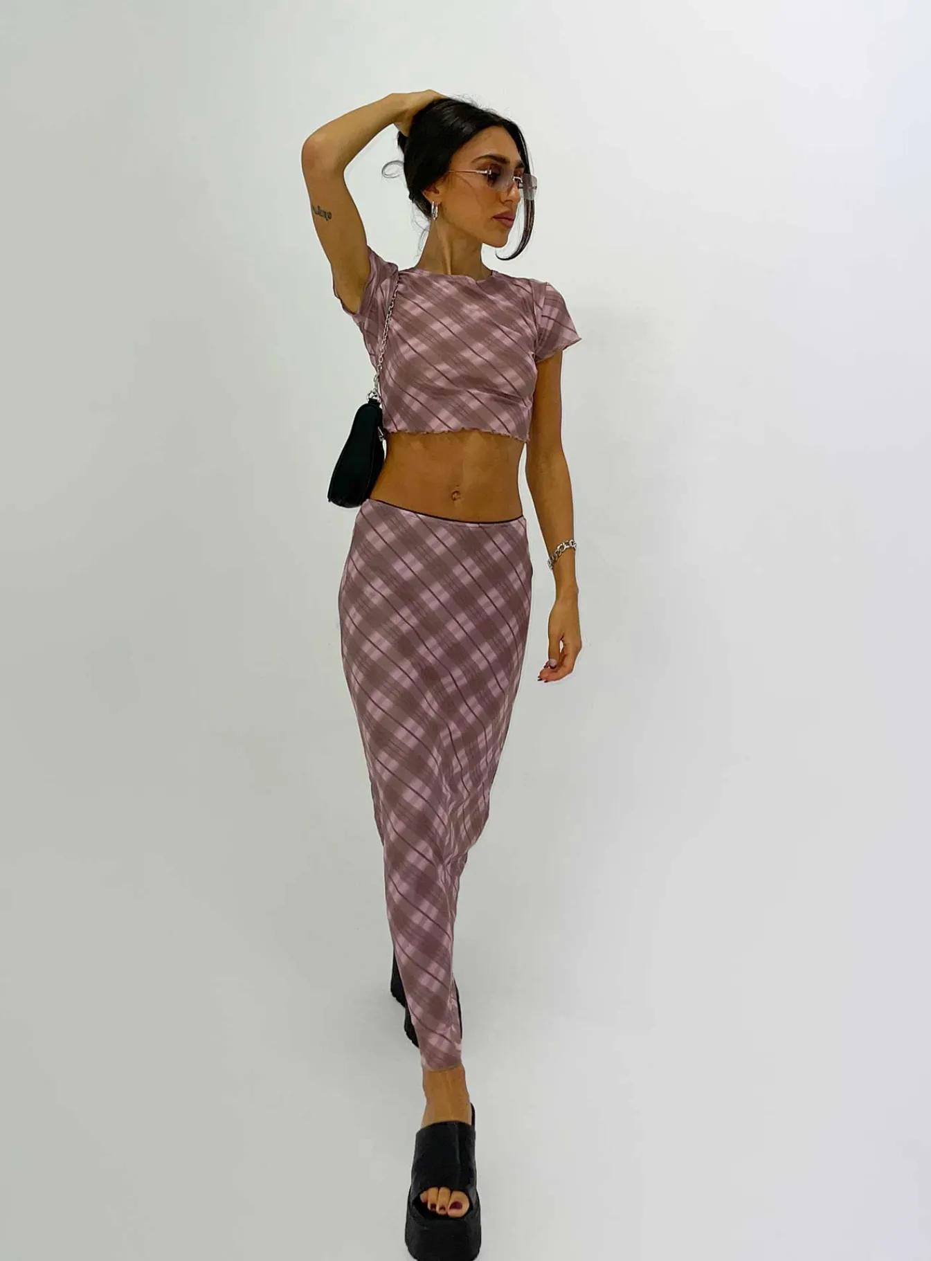 Princess Polly Motel Lassie Midi Skirtblurred Check Pink Discount