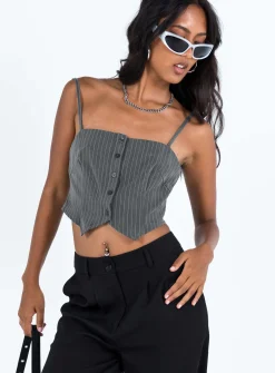 Princess Polly Motel Madian Top  Pinstripe Grey Hot