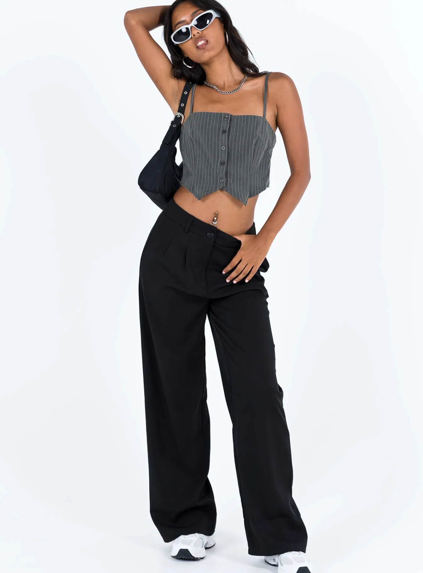 Princess Polly Motel Madian Top Pinstripe Grey Hot