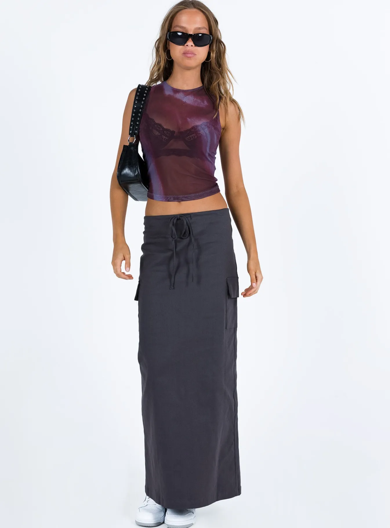 Princess Polly Motel Monlo Top Mesh Watercolour Wine Burgundy Clearance