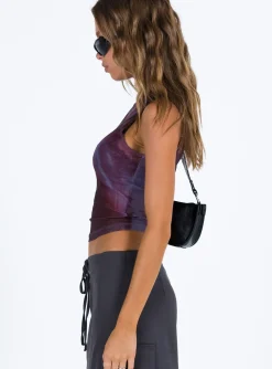 Princess Polly Motel Monlo Top Mesh Watercolour Wine Burgundy Clearance