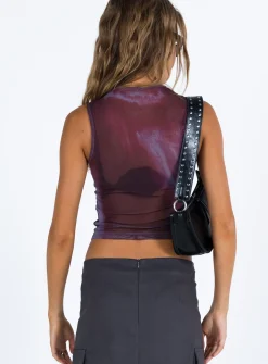 Princess Polly Motel Monlo Top Mesh Watercolour Wine Burgundy Clearance