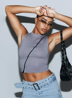 Princess Polly Motel Mozi Top  Grey Discount