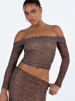 Princess Polly Motel Nagini Bardot Top Mesh  Leopard Store